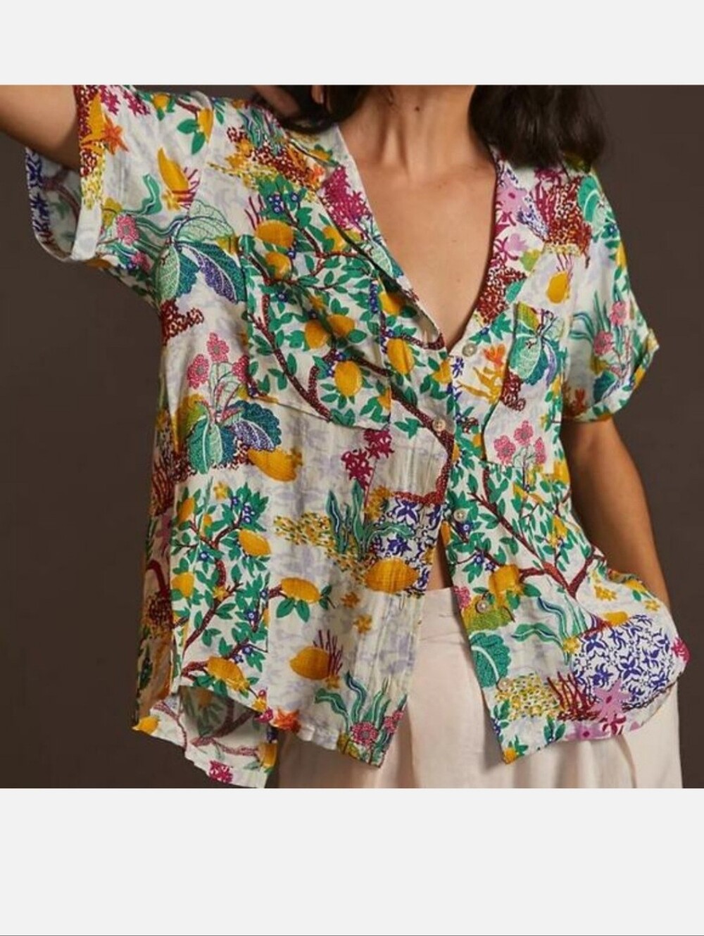 Maeve Floral Button-Down Shirt in White with Yellow, Green & Pink